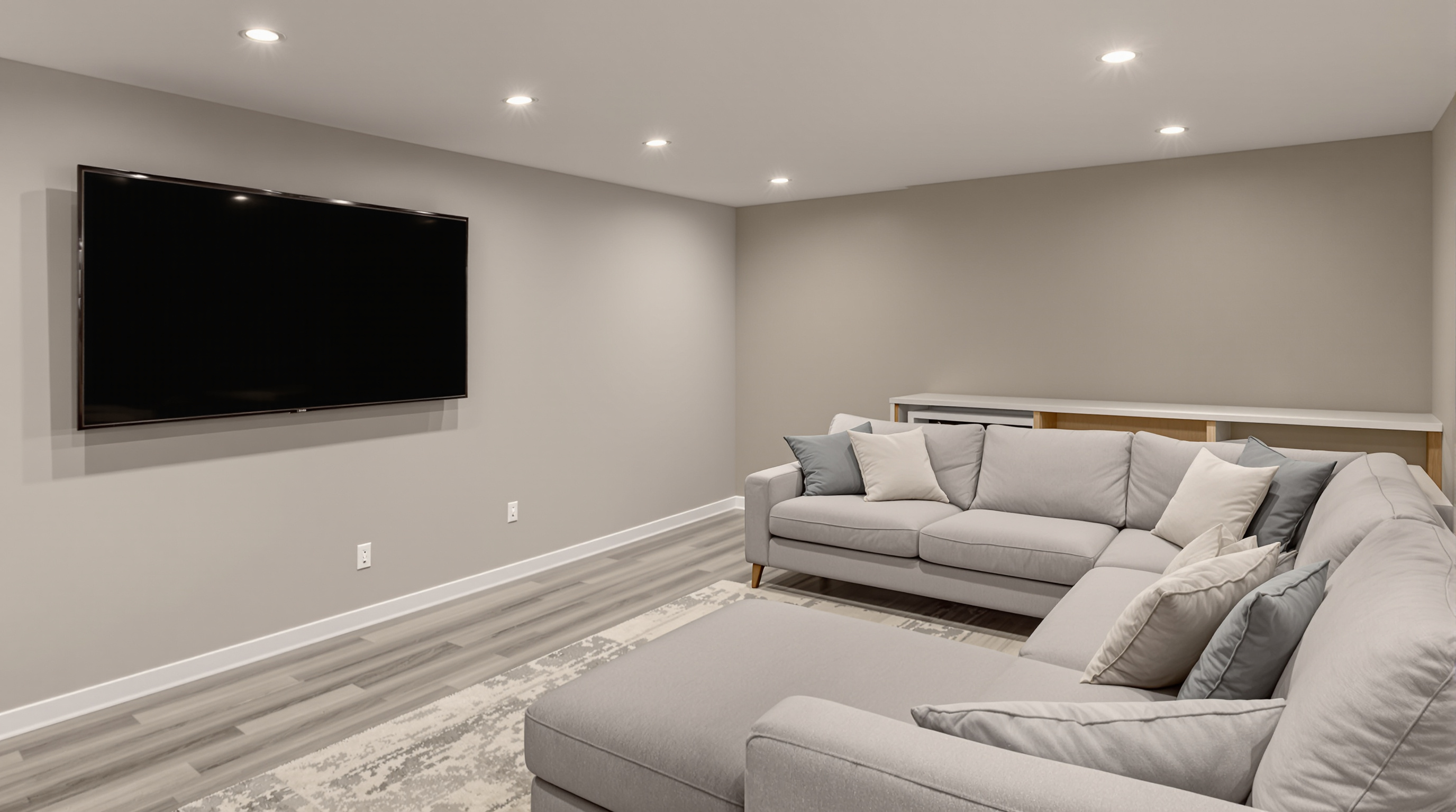 Finished basement with wet bar and recessed lighting